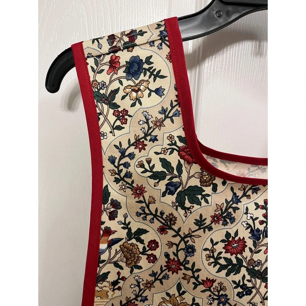 Red Blue Floral Bird Side Tie Apron, Handcrafted Kitchen Linen